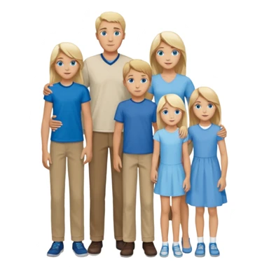 Familie: alle blauäugig, lang und schlank, Vater, Mutter( blond), zwei Mädchen( , 18-jährige hat braune Haare, 13 jährige hat blondes Haar), 2 Jungs( 9 und 6, der 9 Jährige hat dunkelblondes/braunes Haar, große blaue Augen, der 6 jährige ist hellblond und ziemlich frech).  sticker