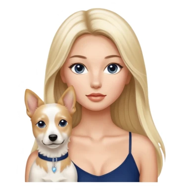Victoria’s Secret model with long light blonde straight balayage hair, dark blue almond and small eyes, oval face, small lips, skinny long waist, firm legs, White Spaghetti top, with a White belgian dog  sticker