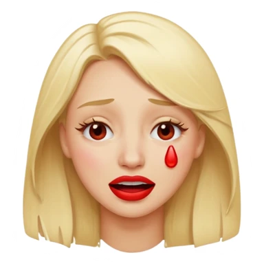 blonde having crying emoji tears from hard laughter. really happy in general, happy eyes. red lipstick sticker