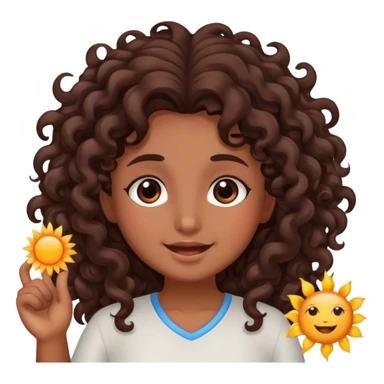 Brown girl with dark brown long curly hair saying good morning with the sun sticker