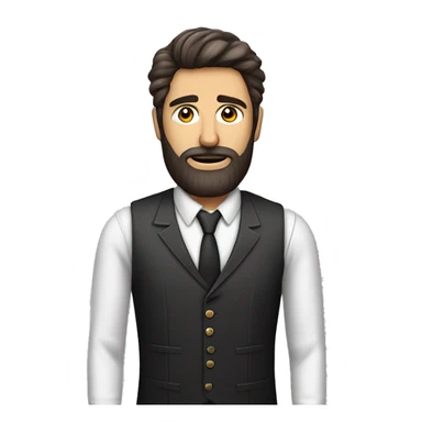 L'image montre un homme barbu avec des cheveux bruns, en chemise rayée, cravate rayée, et gilet noir. Ses bras sont levés, paumes vers le haut, exprimant la confusion. Son expression est perplexe.   sticker