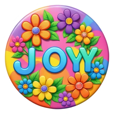 A round psychedelic colored button that says joy with rainbow colored hippie style flowers sticker