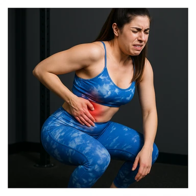A slender woman in 4K, in a gym, attempting a squat but stopping mid-movement, hand grabbing the right side, sudden pain expression, right side with evident redness, inspired by the reference photo. sticker