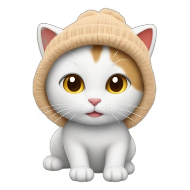 The cat in the beanie hat is red, the hat is on one side of the cat's head, the second ear is open and it is light brown, and the cat itself is white sticker