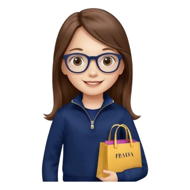 A little girl (he usually calls her baby), who is obsessed with shopping and luxury brands and holds a dozen of bags, she wears navy blue half zip sweater and holds 10 bags and she has long brown hair with Prada eyeglasses. The previous one but with eyeglasses  sticker