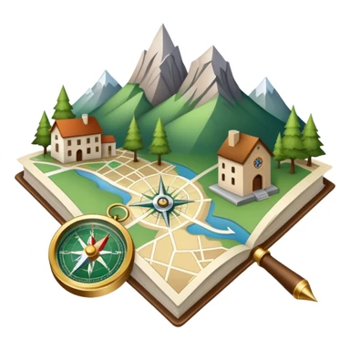 An icon featuring a local map, a compass, and regional landmarks, symbolizing local studies. The design includes a tree, mountains, and buildings, representing the unique geography and culture of a specific area. Transparent background highlights the exploration of local history and environment. sticker