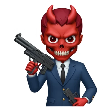A Demon from hell that is dressed like a fbi agent with a machine gun, full body pointing the machine fun to the left. In the style of your bleeding skull artwork. sticker