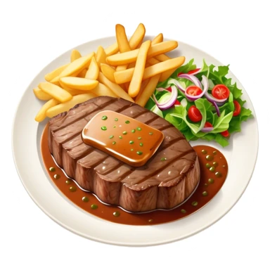 big juicy australian steak meal featuring chips, small salad in a ramiken and gravy  sticker