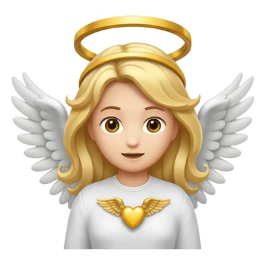 "Um emoji de anjo com cabelos loiros, um halo, asas, segurando um sinal de 'compartilhar' em letras em negrito." sticker