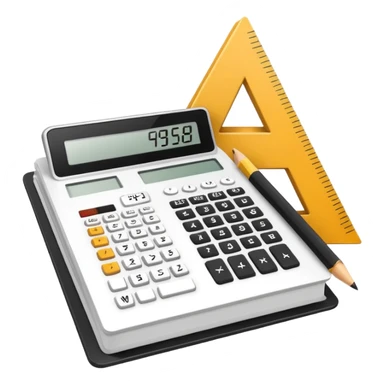 Minimalistic flat vector icon, iOS style, thin black contour on white background. Open textbook with a ruler and triangle on top, calculator next to it. No text, no shadows.
 sticker