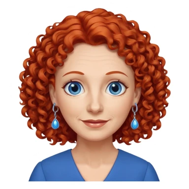 una profesora mayor simpática con el pelo rojo rizado, ojos azules, vestido azul y pendientes azules sticker
