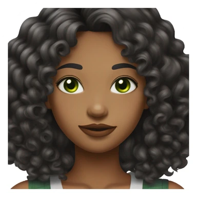 long curly black hair,eyes with a hint of green, eyes positive  canthal tilt ,medium thick shaped eyebrows , and medium thin lips, round face shape, soft jawline, full body, teen, sensual, american, woman, well defined feminine body sticker