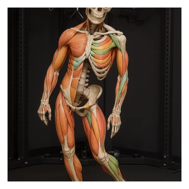 Hyperrealistic anatomical view of the same pose: tilted pelvis, valgus knee, pronated foot, with detailed visible bones and muscles, gym environment, 4K quality. Variant 4: highlight the involved muscles with different coloring. sticker