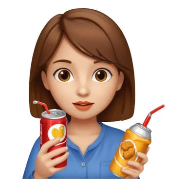 brown hair girl eating chicken nugget and holding a soda can sticker