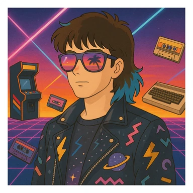 80s retro-futurism male portrait with mullet haircut with neon blue tips, airbrushed sunglasses with pink-purple gradient and palm/sunset reflection, leather jacket with lightning, cosmic, and Memphis Design patterns, neon gradient background with perspective grid, laser beams, cassettes, arcade games, Commodore 64, MTV-era palette sticker