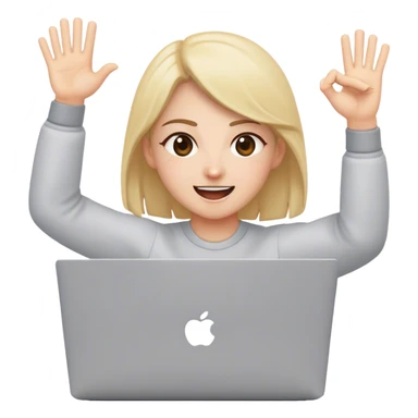 UI designer in front of laptop cheering sticker