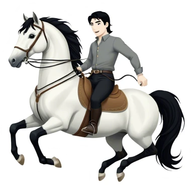 A hand-drawn, black-and-white digital illustration in a playful, cartoonish style. A man with solid black hair and solid black pants is riding a horse, holding the reins with confidence. He has a joyful and adventurous expression as the horse moves forward with energy. The horse has a flowing solid black mane and tail, with strong, bold lines emphasizing its movement. Its legs are slightly bent, giving a sense of action. The background is minimal, keeping the focus on the rider and the horse sticker