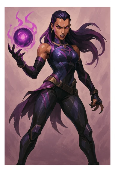 Valorant agent Reyna full body holding an orb, wearing purple and black outfit, fierce stance, energetic, digital illustration style sticker