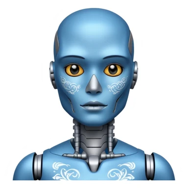 blue Tatooed robot, big many tatooes on chest, neck and face, white tatoo on face sticker