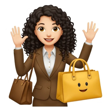 medium deep tan brown business woman with long black curly hair, waving hand with happy face with smile mouth and carrying bag on her shoulder and the other hand holding yellow tumblr sticker