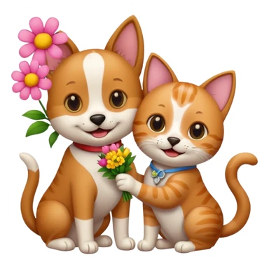 Dog and cat holding flowers sticker