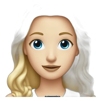 blonde tech reviewer with blue eyes holding an iphone sticker