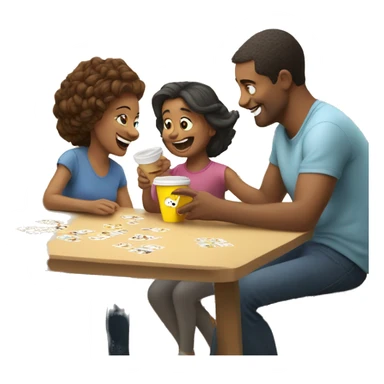 An emoji of a family—mother, father, and child—sitting at a table, playing a cup game with paper cups arranged on the table as they have fun together sticker