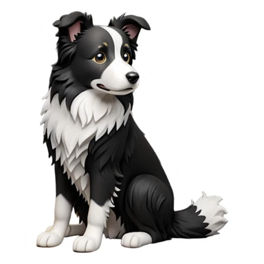 cinematic-[border collie dog]-realistic-full-body-sitting-emoji,-tail-resting-loosely-beside-its-paws,-head-tilted-dramatically,-scruffy-[black and white]-fur,-simplified-yet-realistic-focused-features,-highly-detailed,-glowing-with-an-almost-sarcastic-glow sticker