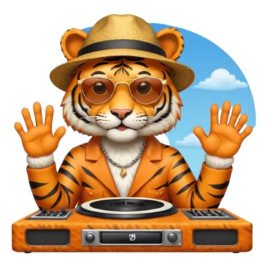 Un tigre con sombrero estilo cubano, una mesa de dj y gafas de sol. Una mano en la mesa de dj y la otra mano señalando al cielo a Dios sticker