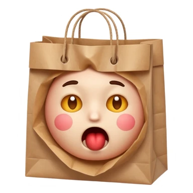 apple emoji style, anxious face, hands holding a paper bag, cheeks inflated, panic breathing sticker