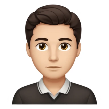 He’s a man with light to medium skin, a defined oval face, full brows, deep-set eyes, and wavy short dark brown hair styled with height, sides are trimmed. expression calm and focused relaxed black open-collar .polished, articulate, and trainer vibe. sticker