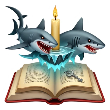 Icon for Horror & Mystery Reading: an open book with eerie glowing symbols, from which rise Dracula with fangs, flying bats, a zombie hand, and a lurking shark with sharp teeth. Surrounding elements include a flickering candle and an old key. Transparent background. sticker