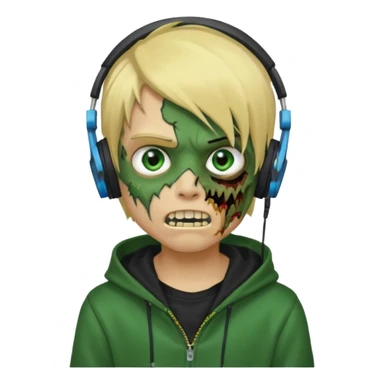 boy zombie whit blonde emo hair and eyes blue and GREEN SKIN and heandphones AND A MICROFONE AND GOLD TEETH and agesive face and the hoodie black sticker