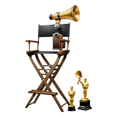 Professional icon for Directing: a collage featuring a director's chair, a film camera, a megaphone and an Oscar trophy. The icon should represent the craft and creativity of film directing, with emphasis on leadership and cinematic artistry. Transparent background. sticker
