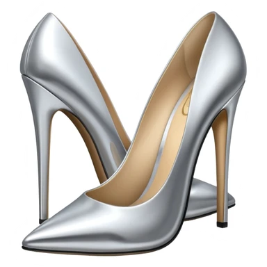 A pair of high heel shoes emoji made of polished silver chrome, elegant sharp silhouette, smooth metallic surface, glossy reflections, luxury sexy vibe, minimalistic iOS emoji style, centered, clean white background sticker