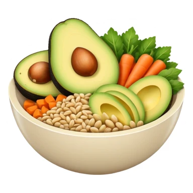 Minimalistic flat vector icon, iOS style, thin black contour on white background. Bowl with vegetables, grains, and avocado slices inside. Clean, no text, no shadows sticker