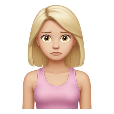 Create a young woman with long blonde hair, golden eyes, and medium-light skin tone, wearing a light pink tank top and leggings. She should be in portrait mode, but with a subtle doubting facial expression—slightly raised eyebrow, small frown, .  and her hand next to her chin like this emoji 🤔 sticker