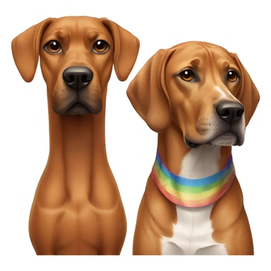 white male with rainbow colored hair and a curled mustache standing alongside a brown rhodesian ridgeback dog sticker