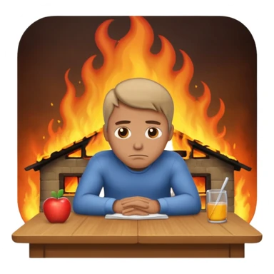 apple style emoji of a man at a table, sad expression, house burning in the background sticker