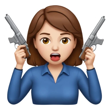 the woman emoji with brown hair and white skin choking herself  with both hands around her neck with her mouth open and two arms from behind her holding a gun in each hand point directly at her head sticker