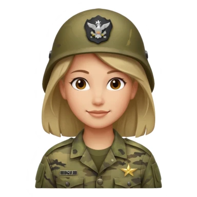 Female soldier emoji in Apple style, no cap/helmet, bust portrait, gentle smile, generic camo, hair visible, soft gradients, transparent PNG sticker