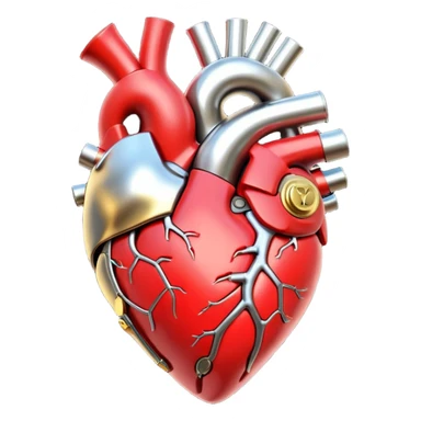 3D render of Mechanical Heart, futuristic cyborg aesthetic, fusion of organic skin and chrome metal, gold brass valves mixed with red muscle tissue, exposed wiring, emoji style, isolated on white background --v 6.0. sticker