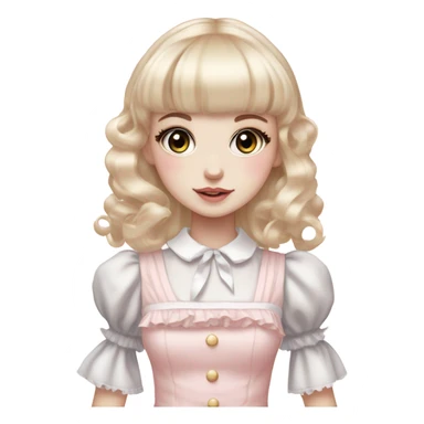 pale girl , who has curly medium length blonde and baby pink swirled hair with bangs , grey eyes , and doll like makeup , in a light pink lolita hime gyaru dress  sticker