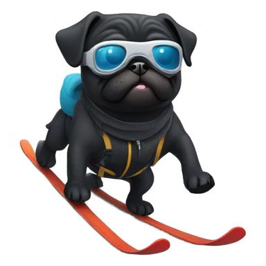 Black pug with a curly tail and goggles skiing on a snowy mountain sticker