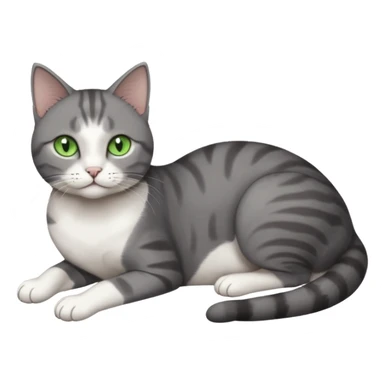 full body tiny short hair dark grey and white cat with white front legs and green eyes lying down sticker