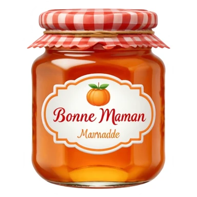 Bonne Maman orange marmalade jar, glass jar with red gingham lid, orange marmalade visible, classic label, cute emoji style sticker