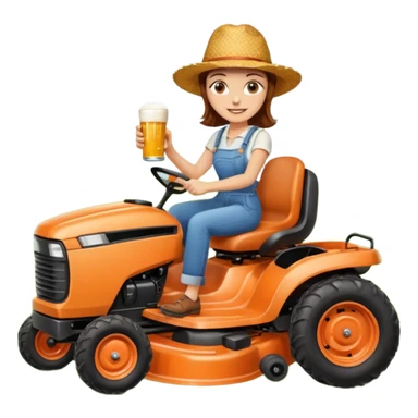 White woman with brown hair, without glasses wearing a straw hat, on old orange ride on lawn mower, holding a beer with one hand and holding the steering wheel with the other hand. Woman is smiling. Lawn mower has “Westwood” written on the engine cover sticker
