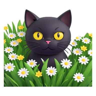 black cat with big yellow eyes peeking out from green grass, a white flower on its head, surrounded by small white and yellow flowers, highly three-dimensional, playful and cute, 3D iOS 18 style sticker