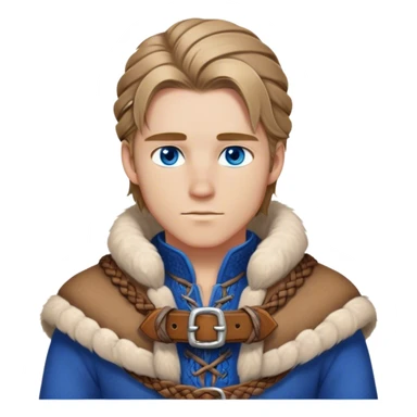 Medieval winter outfit worn by a DnD themed fantasy male character. Double-thick russet wool tunic with mink fur trim, featuring carved wooden toggles and a wide braided leather belt. Clothes only above the waist, full waist coverage. The character has no arms. Character is white-skinned with dark blonde hair, sapphire blue eyes, and medium-length straight hair touched by winter frost. sticker