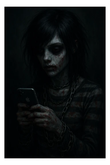 emo zombie girl, black hair, striped shirt, chains, pale skin, dark eyes, subtle blood stains, texting on an iPhone sticker